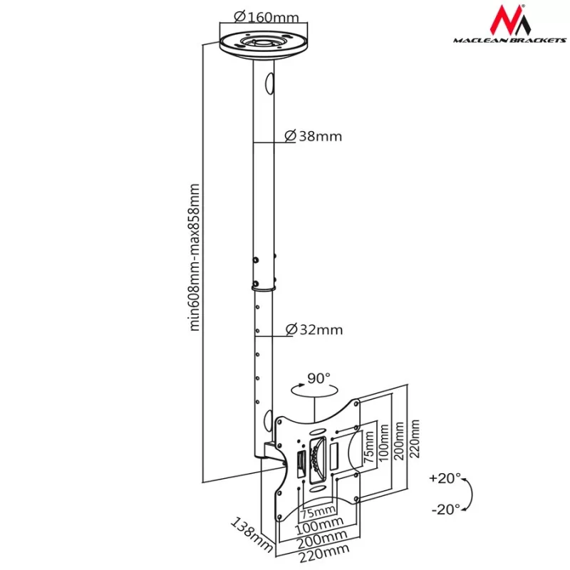Maclean MC-504A B TV Ceiling Bracket 23-42 50 - 85 cm 30kg Black