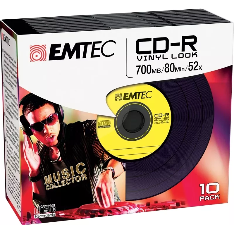 EMTEC Vinyl Look - 10 x CD-R - 700 MB (80 Min) 52x - Blue, Yellow, lilac, Green, pink - Slim Jewel Case