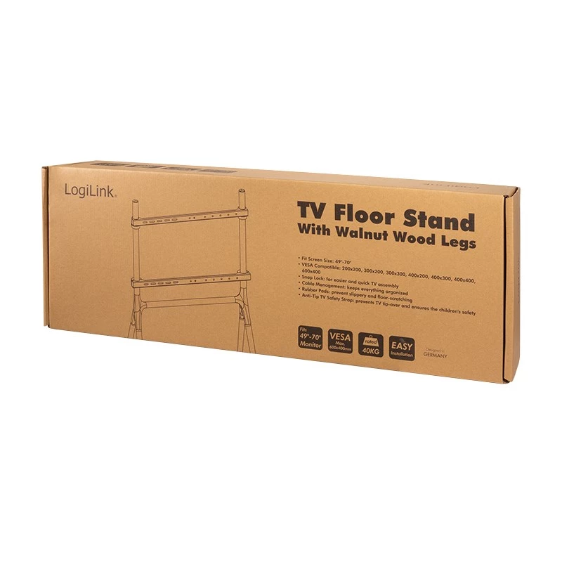 LogiLink BP0078 TV Floor Stand, 49-70 inch, 4 Walnut Wood Legs, 40 kg, Black