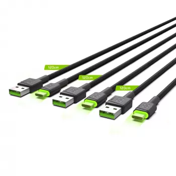 USB-C cable Green Cell KABGCSET02 1.2 m (USB A to USB C, 2.4 A, 480 Mbps) 3-pack with LED backlight