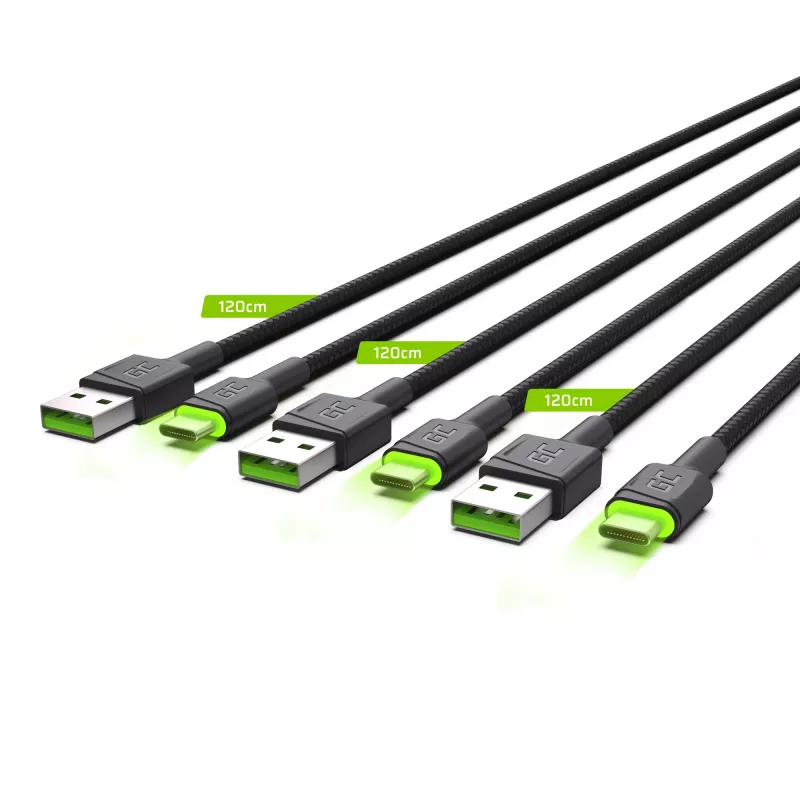 USB-C cable Green Cell KABGCSET02 1.2 m (USB A to USB C, 2.4 A, 480 Mbps) 3-pack with LED backlight