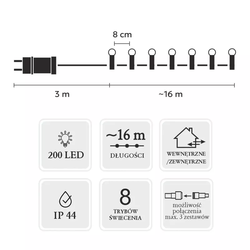 LED string lights Extralink 200 bulbs cold white, diameter 3+ mm, length 16 m