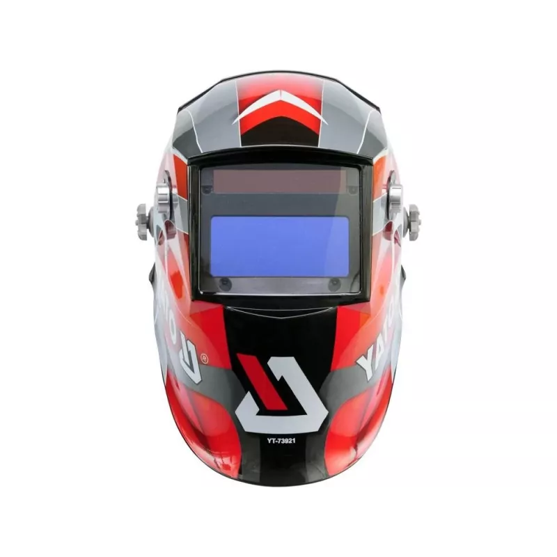 Welding helmet YATO YT-73921 with auto‑darkening filter, shade 9–13, PC housing, viewing area 4.3×9.8 cm, battery 3V