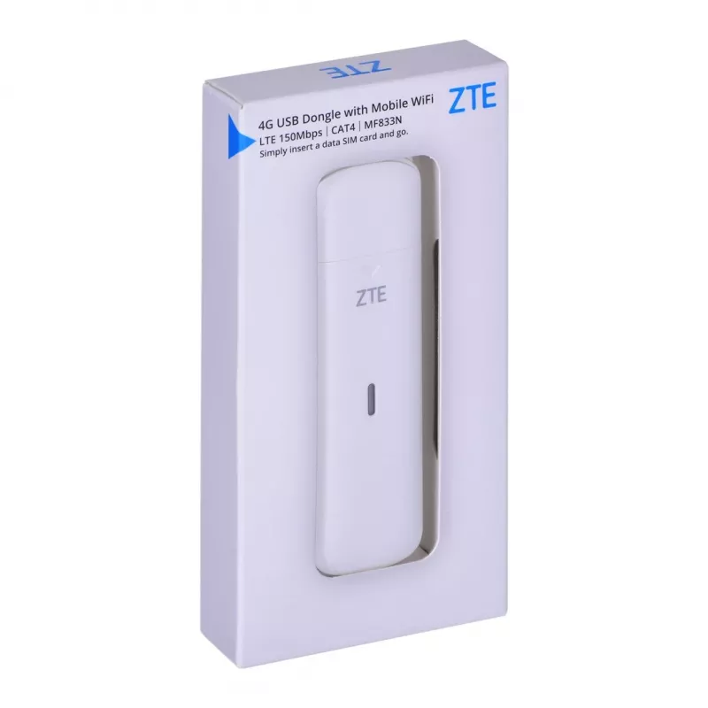 USB cellular modem ZTE MF833N, portable USB form factor, 4G LTE-FDD/TDD up to 150 Mbps, HSUPA/2G support, microSD slot, white