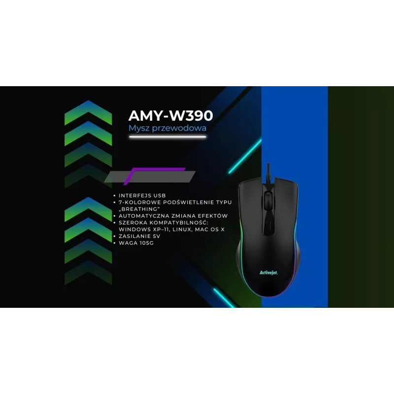 Wired heated gaming mouse ActiveJet AMY-W390 — ambidextrous, optical 2000 DPI, USB Type-A, 4 buttons, black