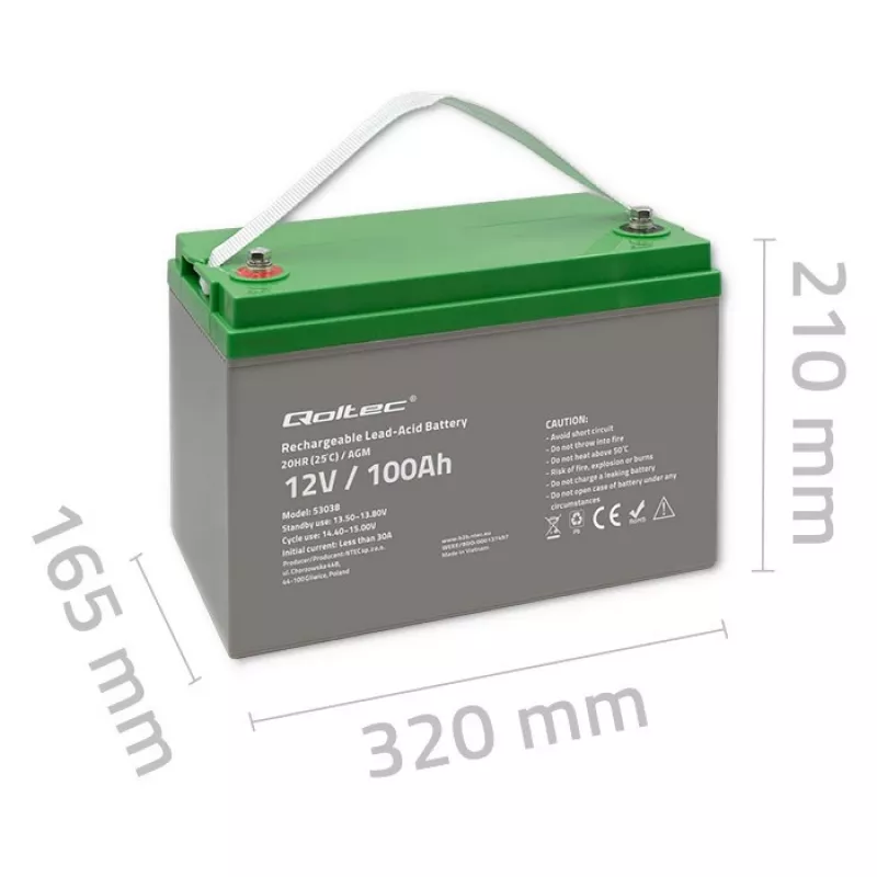 Qoltec 53038 AGM battery | 12V | 100Ah | max 1200A