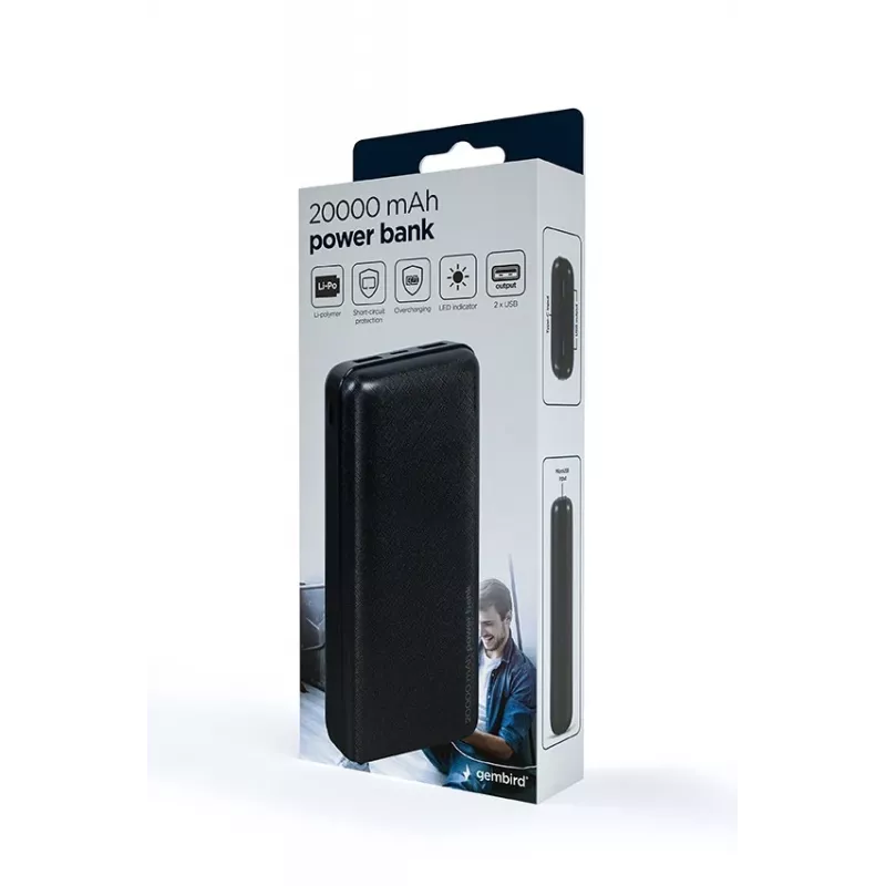 Gembird PB20-02 power bank Lithium Polymer (LiPo) 20000 mAh Black