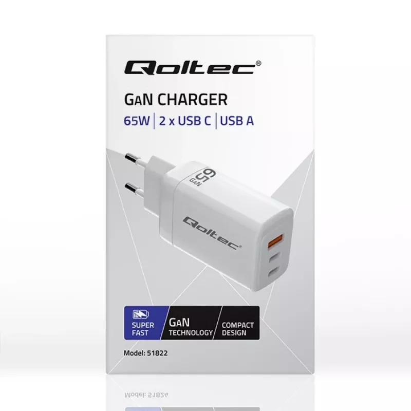 GaN Charger QOLTEC 51822 65W 2×USB A 2×USB‑C