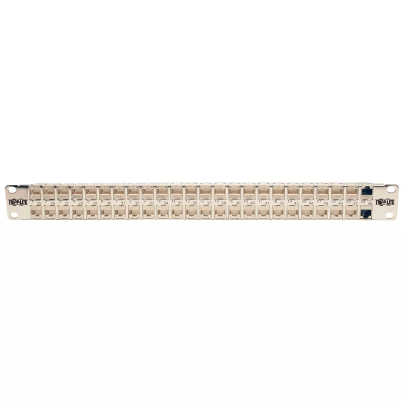 Tripp N254-048-SH-6A 48 Ports 1 HE rack mounting shielded Cat6a STP Feed-Through Patch Panel - RJ45 Ethernet - TAA - 10 Gigabit Ethernet - RJ-45 - Cat6a - Silver - White - Rackeinb