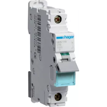 Hager NDN116. Rated Current: 16 A. Type: D-type, Module Quantity (max): 1 Module(e). Width: 17,5 mm, Depth: 70 mm, Height: 83 mm (NDN116)