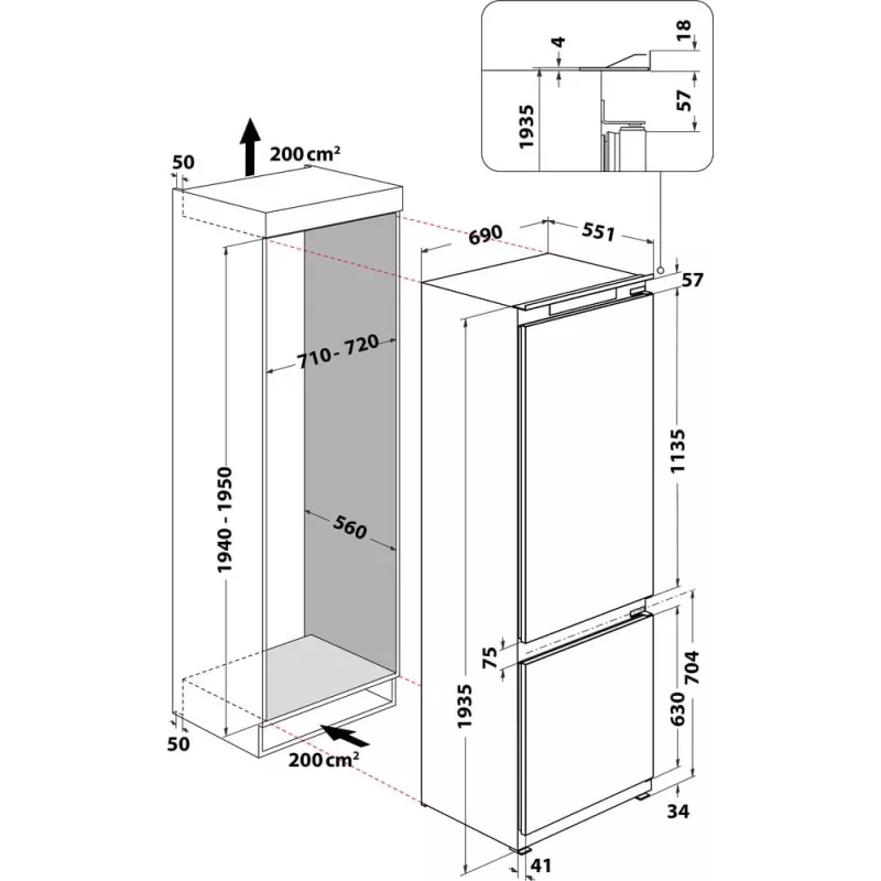 WHIRLPOOL Built-In Refrigerator WH SP70 T121, Width 69 cm, Height 193,5 cm, Energy class E, No frost