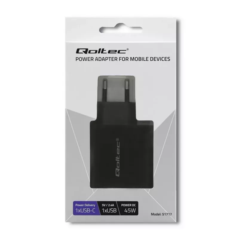 Power adapter QOLTEC 51717 45W 20V 3A AC indoor charger for smartwatch, black