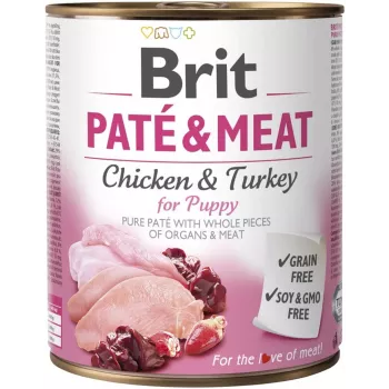 Wet dog food Brit Paté & Meat 800 g — complete canned junior food, turkey & chicken, grain-free, 75% moisture