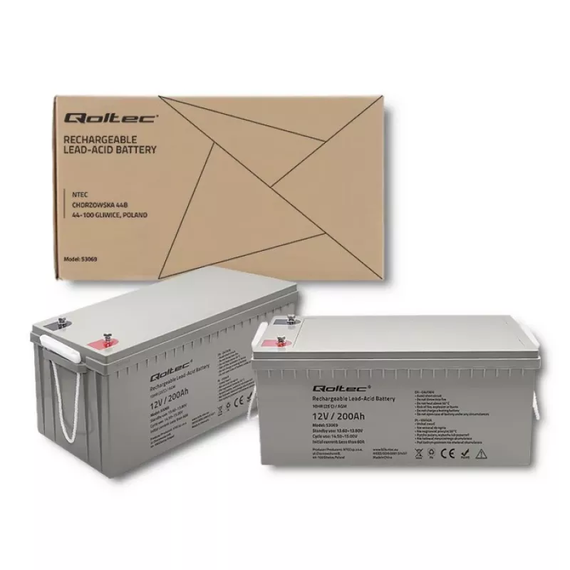 Rechargeable AGM battery QOLTEC 53069 12V 200Ah for backup power and UPS systems
