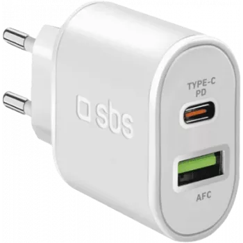 SBS - Power Supply - 20 Watt - 3 A - Fast Charge, PD - 2 Output Ports (USB, 24 pin USB-C) - White - Europa (TETRPD20W)