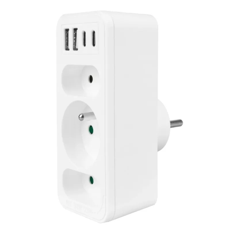 Power splitter MACLEAN MCE248 F/W — 3 AC sockets (1×16A, 2×6A) + 4×USB (2×A, 2×C PD 20W), EU plug, white