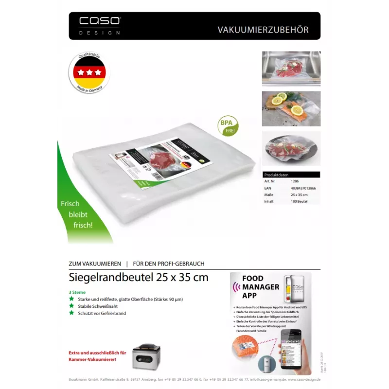 Caso | Sealed edge bags | 01286 | 100 bags | Dimensions (W x L) 25 x 35 cm