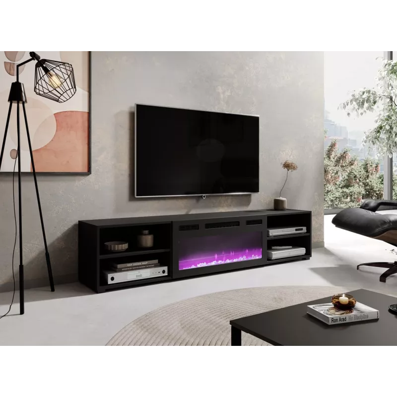 TV cabinet Cama Meble POLO 180x33x39 cm with electric fireplace 1400–1600 W, black, 2 shelves, laminate