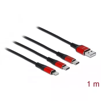 USB Charging Cable DeLOCK 3 in 1 Type-A to Lightning / 2 x USB Type-C 1 m black / red