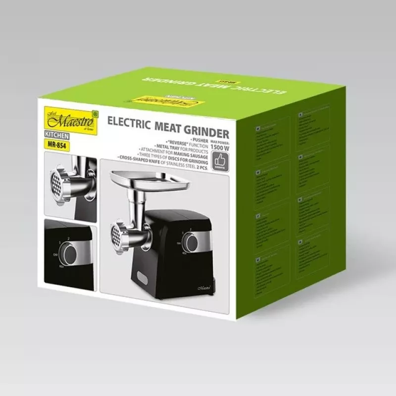 Electric meat grinder Maestro MR-854, 1500 W, 2 speeds, 3 strainers, sausage nozzle, black