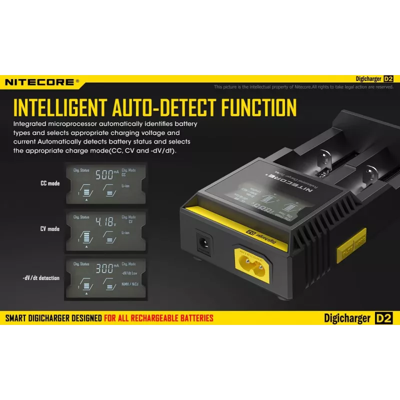 Battery charger Nitecore D2 — 2‑slot charger for AA/AAA/AAAA/C batteries, 100–240V input, 4.2V output, black