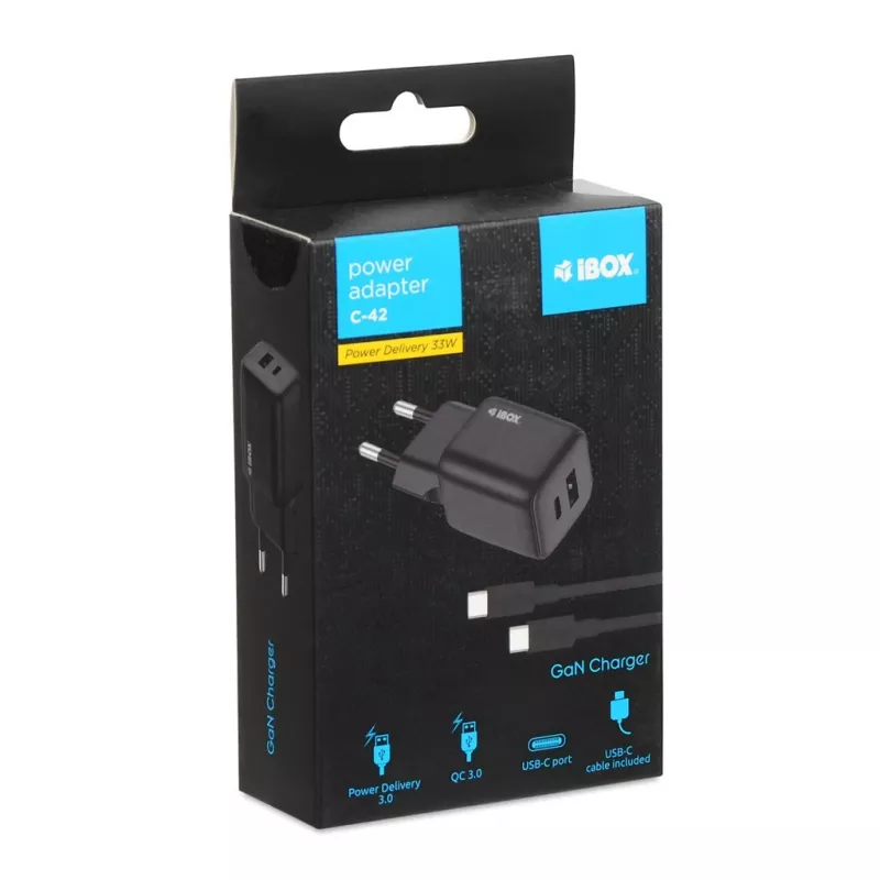 External mains power adapter IBOX ILUC42B 12V 2A, 33W, USB-A + USB-C PD3.0, QuickCharge 3.0, universal