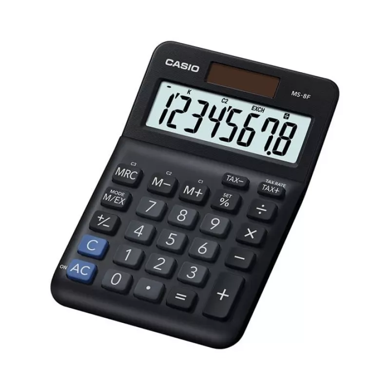 Desktop Basic Calculator CASIO MS-8F – 8-digit, battery/solar, 26 keys, currency & tax functions, profit calc, black