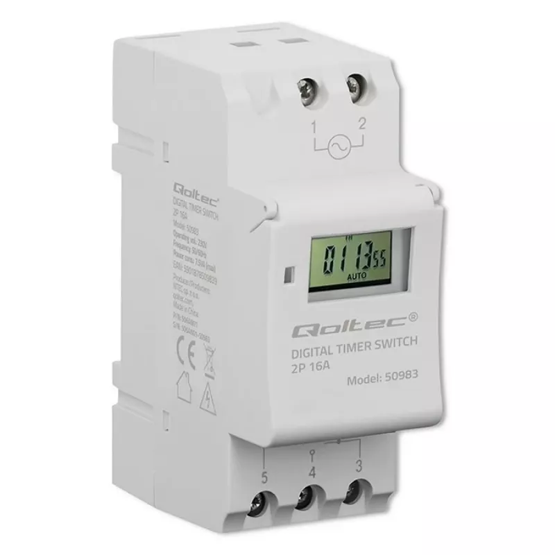 DIN rail electronic timer switch QOLTEC 50983, battery powered, for automation circuits