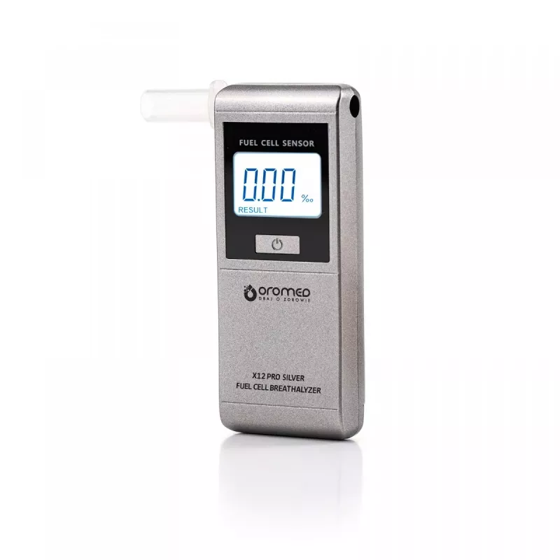 Alcohol tester ORO‑MED X12 PRO SILVER — contactless breathalyzer, range 0–4 g/L, LCD, AAA batteries