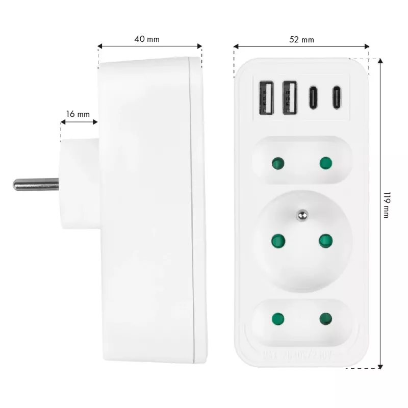 Power splitter MACLEAN MCE248 F/W — 3 AC sockets (1×16A, 2×6A) + 4×USB (2×A, 2×C PD 20W), EU plug, white