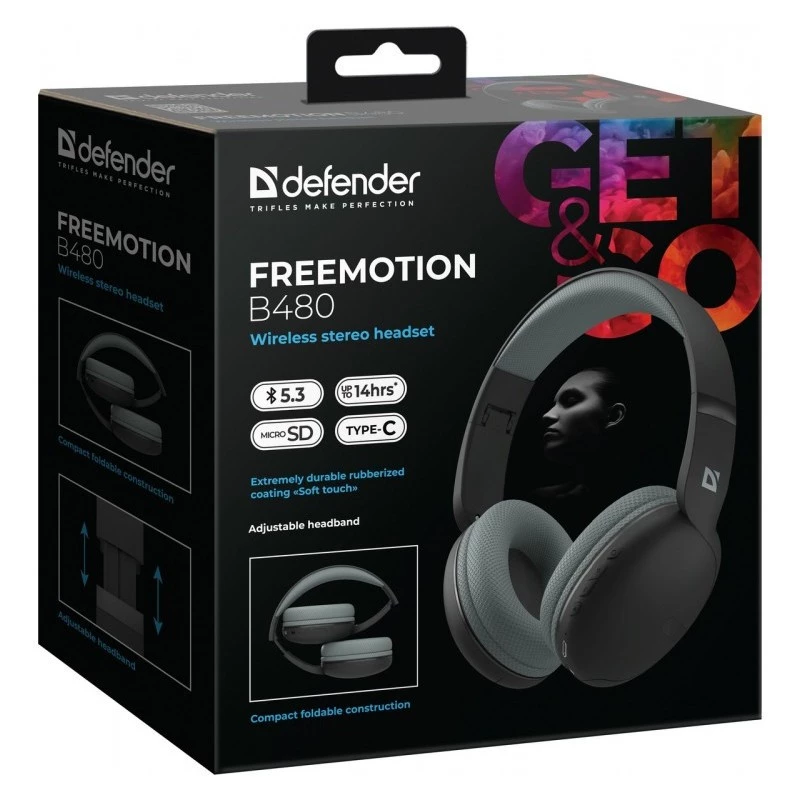 Wireless headphones DEFENDER Freemotion B480 — over-ear, closed, Bluetooth, 20–20000 Hz, 99 dB, USB-C, AUX