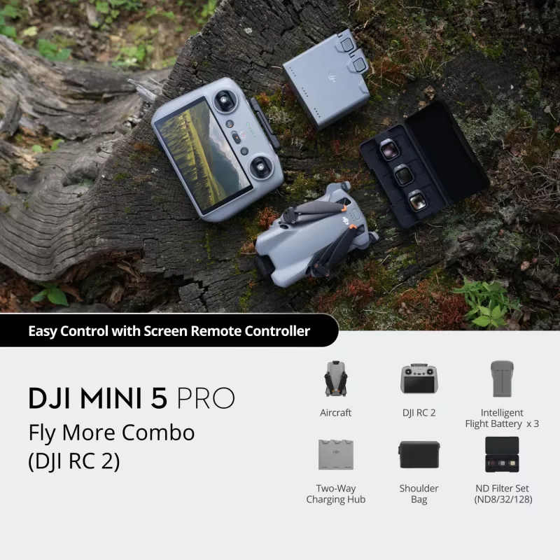DJI MINI 5 PRO Fly More Combo (RC2) lightweight 249g drone with 50MP sensor, Lidar, 3x batteries, remote control with screen