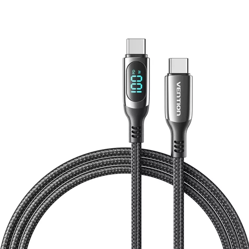 Vention Cotton Braided USB 2.0 C Male to C Male 5A Cable With LED Display 1.2M Black Zinc Alloy Type