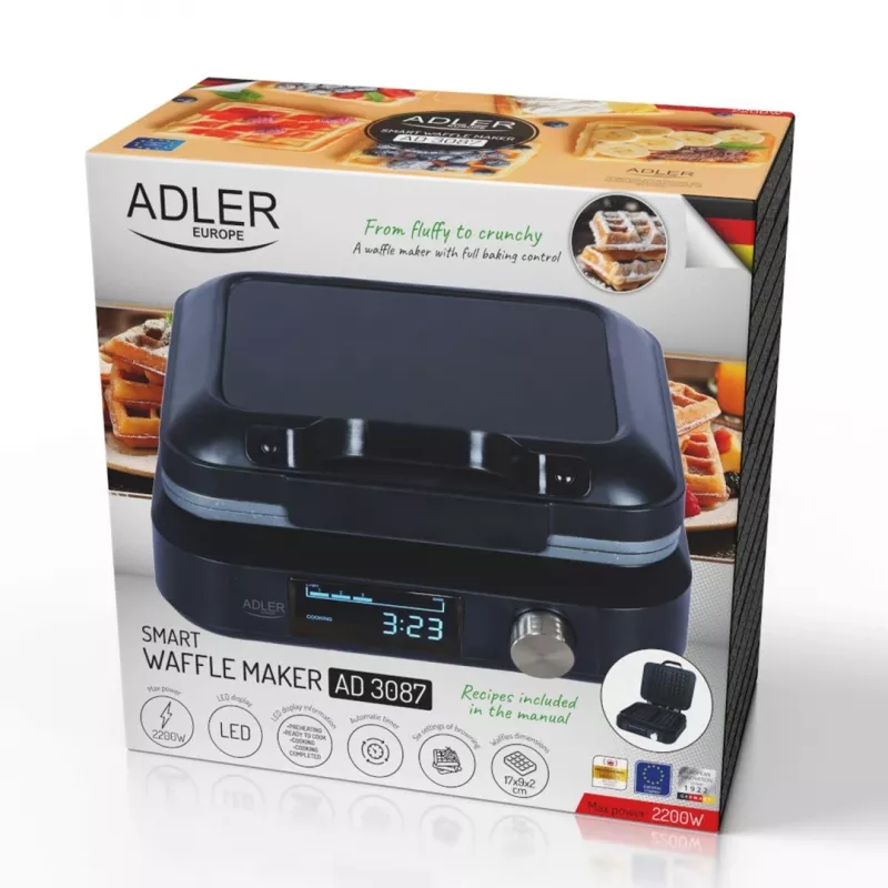 Waffle maker Adler AD 3087 — electric Belgian waffle iron, 2200 W, 2 rectangular plates 9×17 cm, black