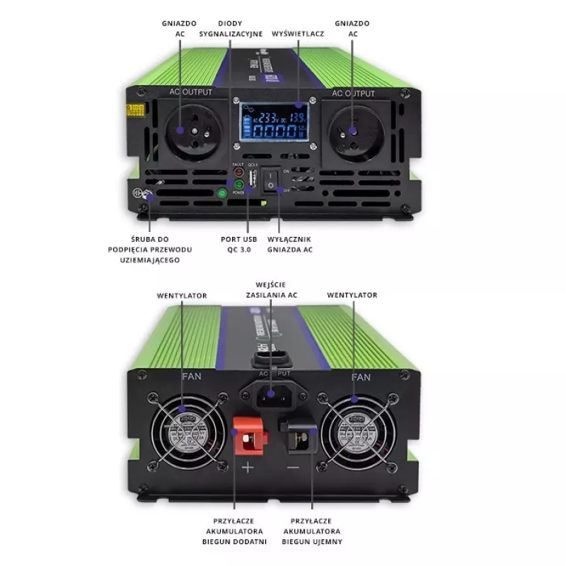 Qoltec Monolith Voltage Converter | Charging the battery | UPS | 2000W | 4000W |12V to 230V |Pure Sine | LCD black-green