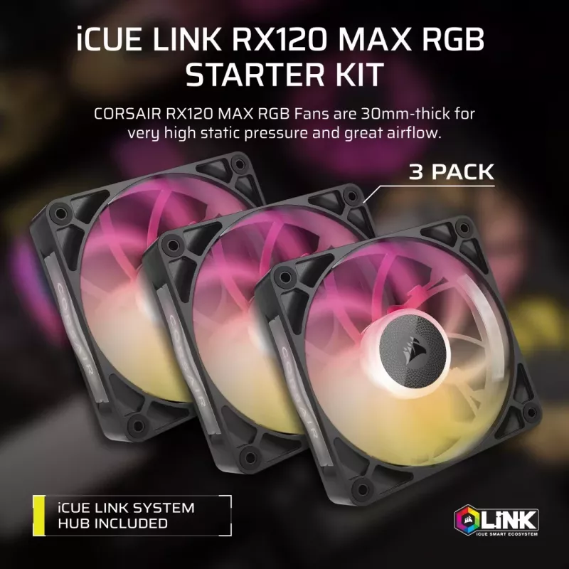 Corsair iCUE LINK RX120 MAX ARGB 120mm Case Fans 3-Pack Black