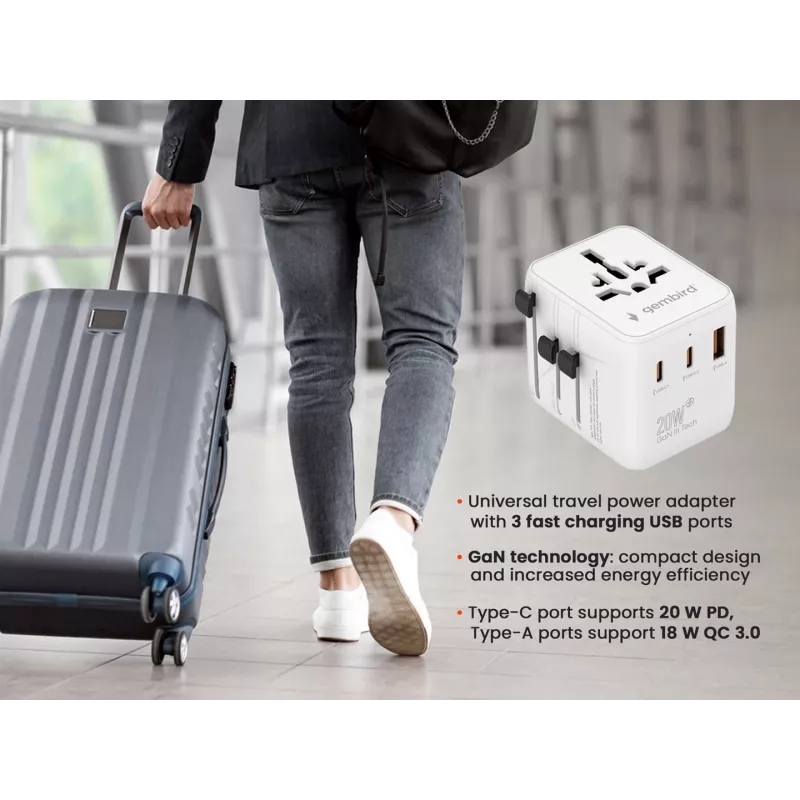 Travel power adapter GEMBIRD TPA-1A2C20-01-W — 20 W, USB-A (18 W) + 2× USB-C (20 W), Type E plug, white