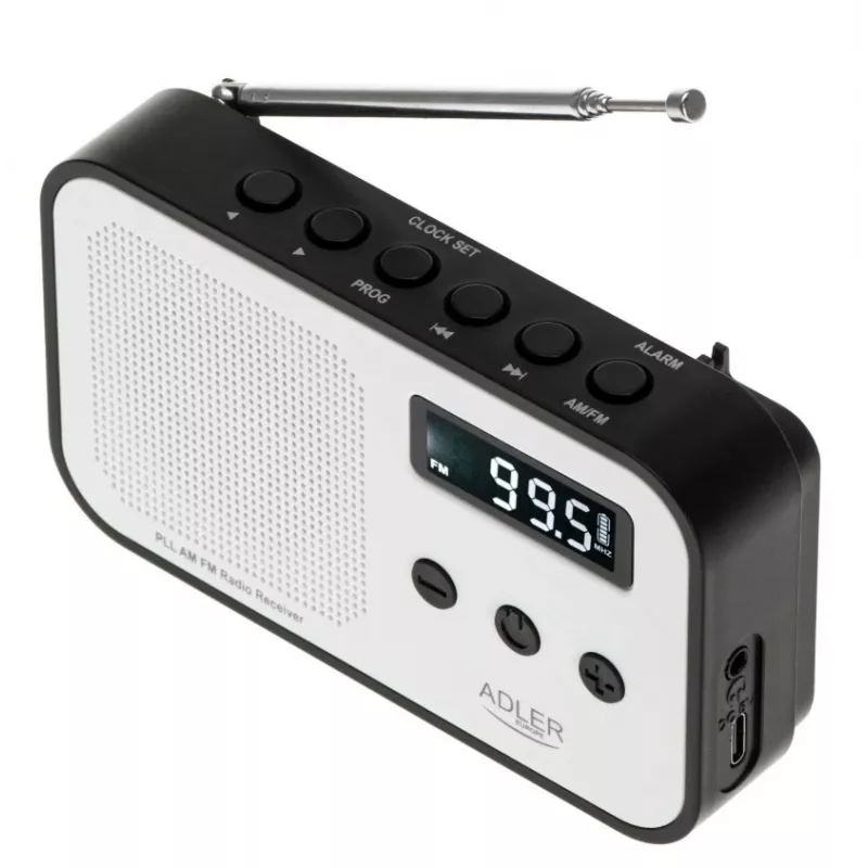 Portable digital radio Adler AD 1907 — AM/FM, digital tuner, alarm, USB-C, 600 mAh battery, LCD, 20 presets, telescopic antenna
