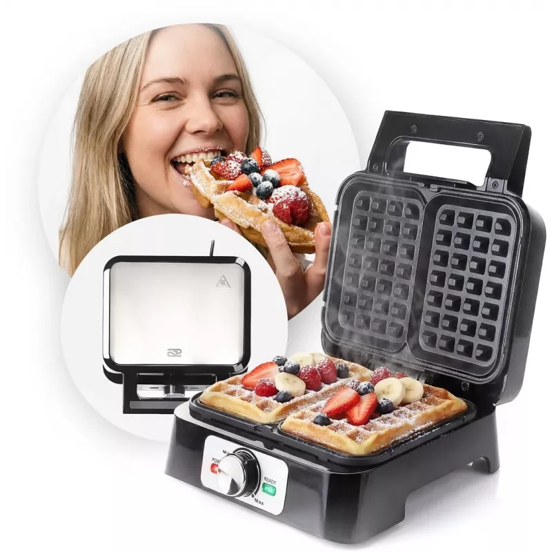 Waffle maker PROMIS WAP1600 — 2-portion rectangular plates, 1200 W, non-stick, thermostat, cool-touch handle, LED indicators