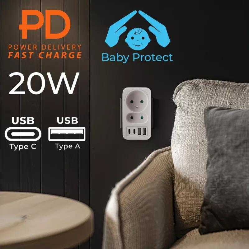 Power splitter MACLEAN MCE249 F/W — 2x mains sockets (16A + 6A) and 4x USB (2x A, 2x C PD 20W)