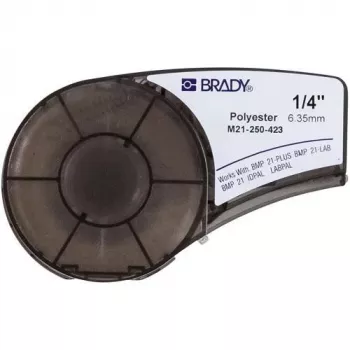 Label tape Brady M21-250-423, thermal transfer polyester, black on white, 6.35 mm x 6.4 m