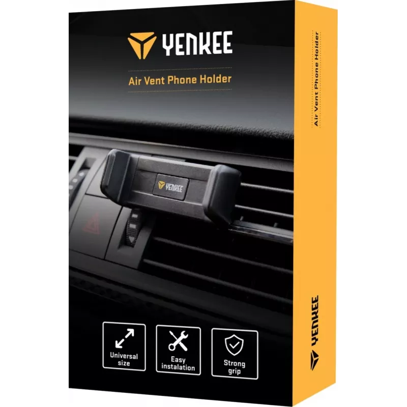 Car phone holder YENKEE YSM 201BK — air vent mount, adjustable angle, black, fits phones up to 6.5 inch, 50–85 mm