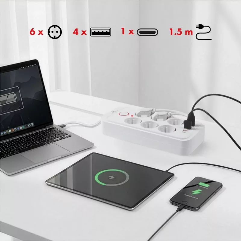 Power strip MACLEAN MCE389 W — 6 sockets, 4×USB-A, 1×USB-C, 2500W, 110–240V, 1.5 m cable, white