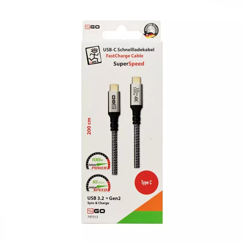 USB cable 2GO 797513 USB 3.2 Gen 2 2 m USB C Silver
