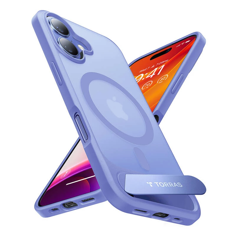 Protective phone case Torras Pstand Series for iPhone 16 — Blue, slim-fit with integrated stand