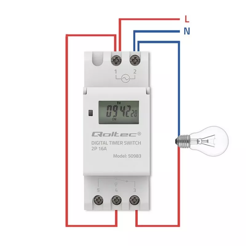 DIN rail electronic timer switch QOLTEC 50983, battery powered, for automation circuits