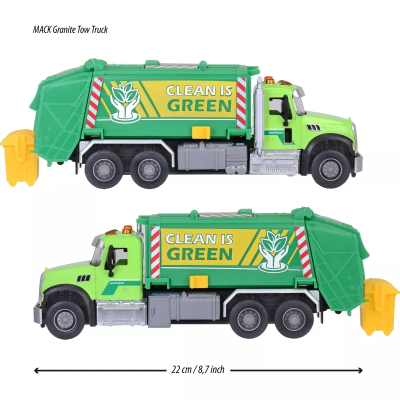 Toy vehicle Majorette Mack Granite garbage truck model 213743007, die-cast scale toy