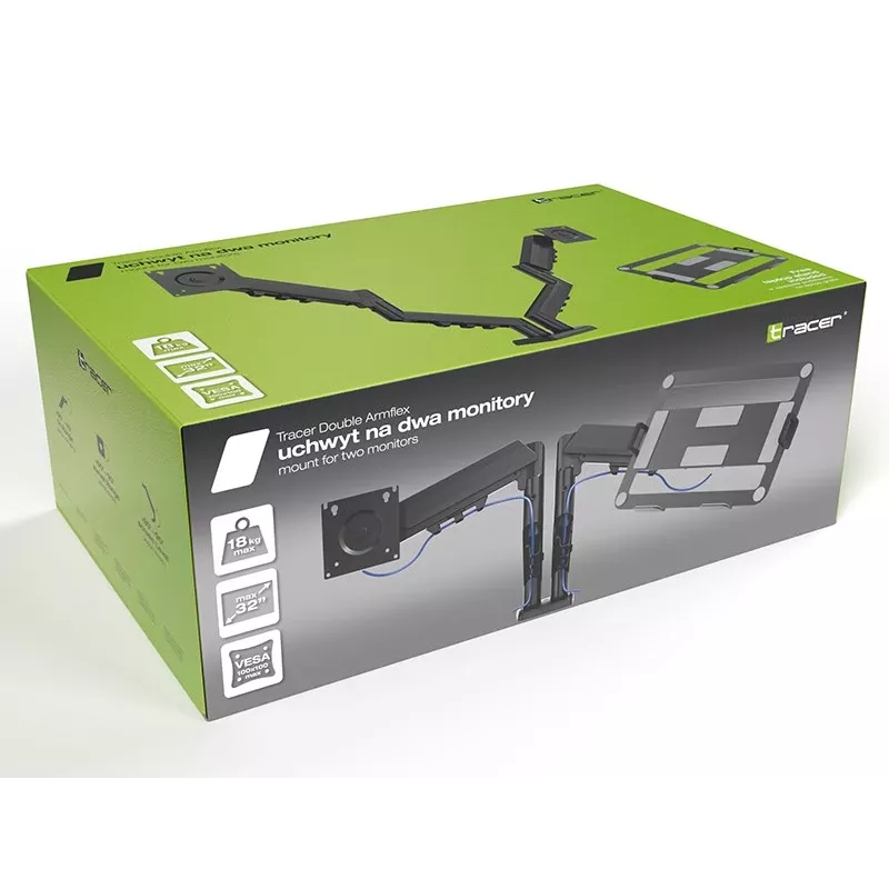 Desk dual-arm monitor mount TRACER TRAUCH47660 — adjustable metal arms, max 18 kg, VESA up to 100×100, for 13 inch–32 inch screens