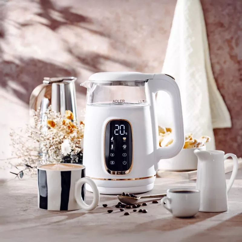 Electric kettle Adler AD 1305WG — 1.7 L, 2200 W, glass/plastic, white/gold/transparent