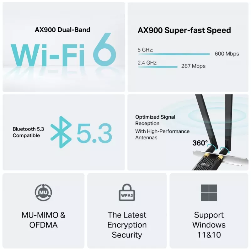 Wi-Fi 6 Bluetooth PCIe Adapter TP‑LINK Archer TX10E AX900 — PCIe card, AX900 Wi‑Fi 6, Bluetooth